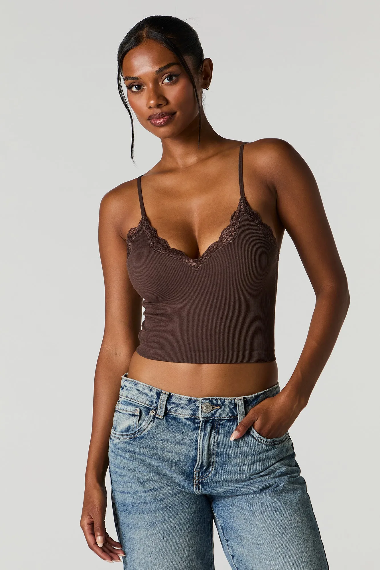 Seamless Ribbed Lace Trim Cami with Built-In Bra Cups