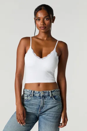 Seamless Ribbed Lace Trim Cami with Built-In Bra Cups