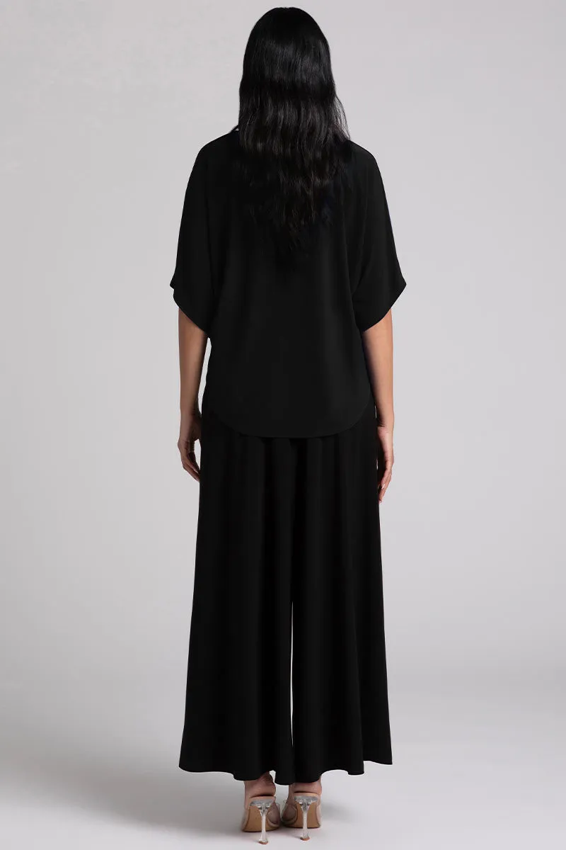 Slouchy V-Neck Top with Tie | Black