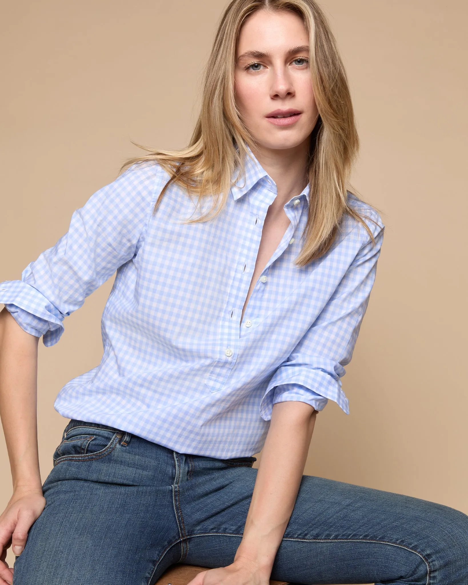 Tomboy Popover Shirt in Sky Blue Gingham Poplin